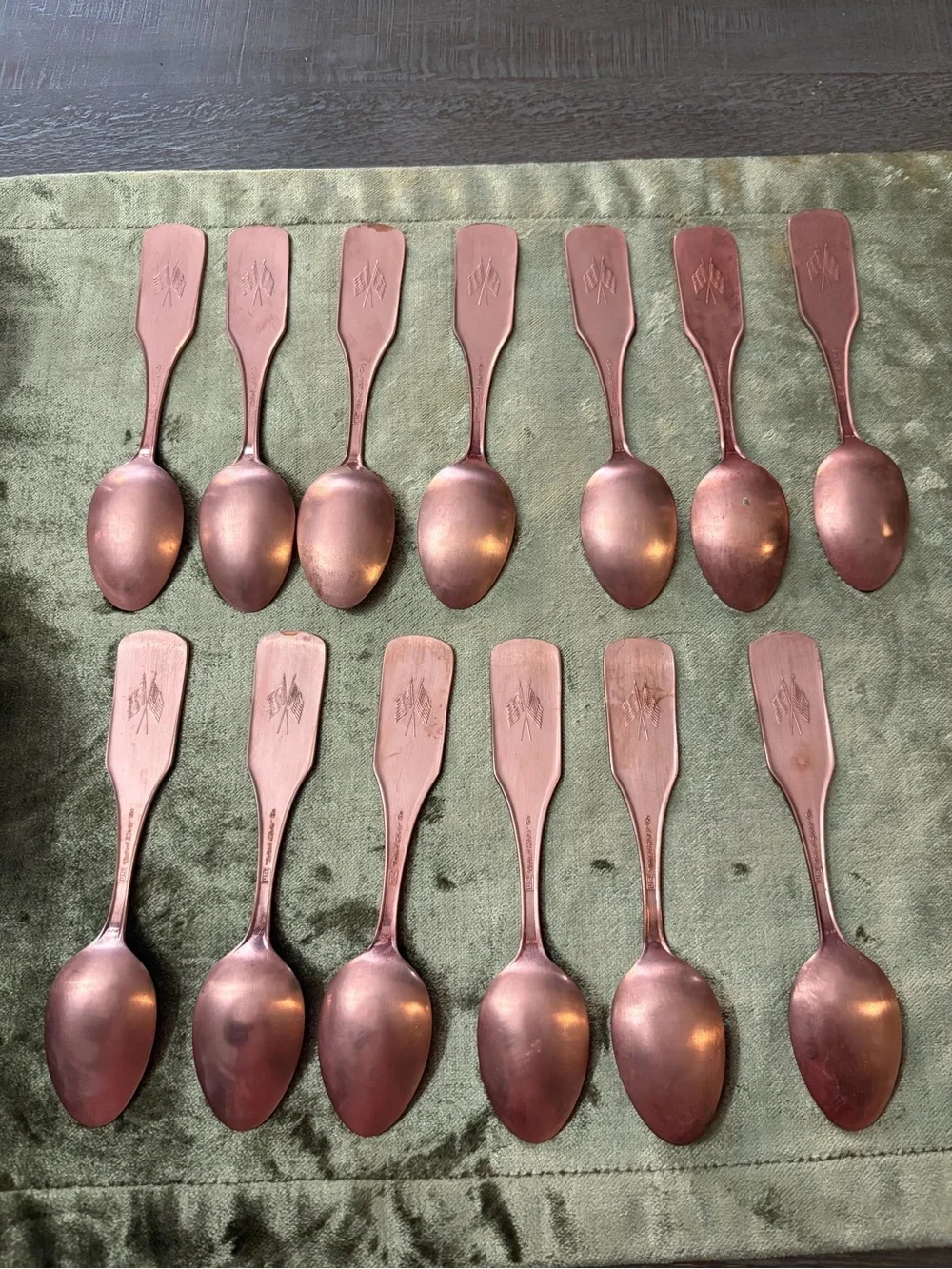 Vintage-13 Spoons United Silver Co.-Copper plated -vintage wall holder